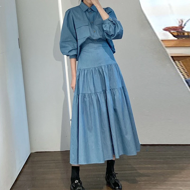 Korean Fashion Matching Sets Turn Down Collar Puff Sleeve Button Blouses High Waist Stitching Long Skirts Solid Color Women Set