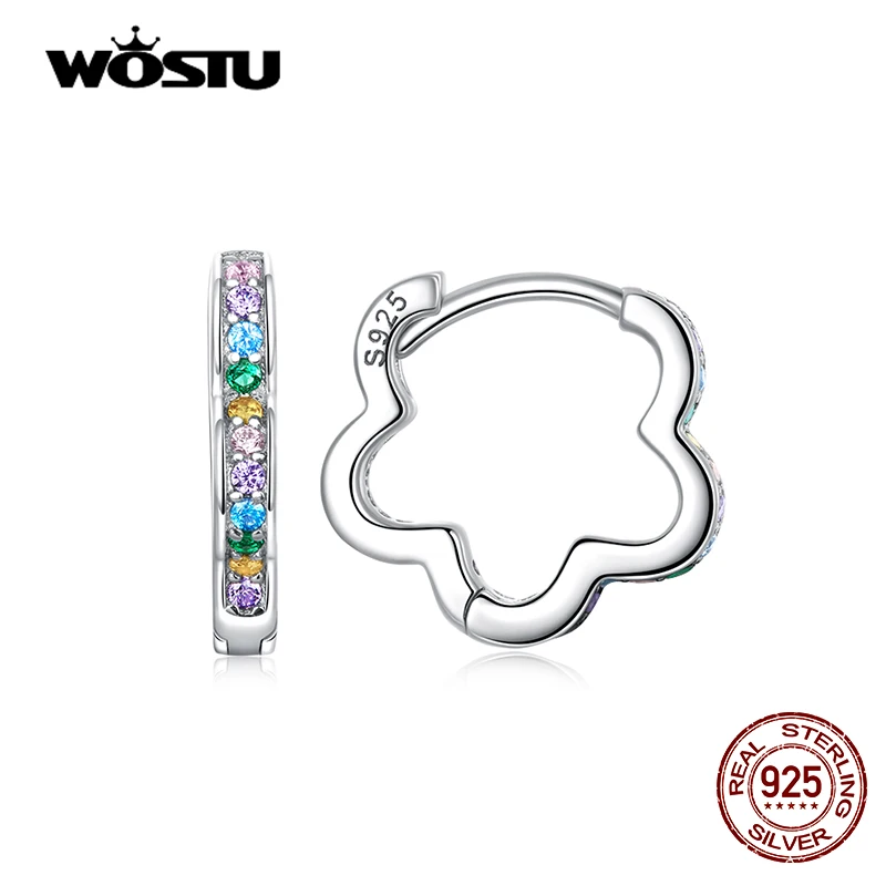 WOSTU 100% 925 Sterling Silver Flower Buckle Hoop Earrings Colorful Zircon For Women Original Design Rainbow Jewelry CTE612