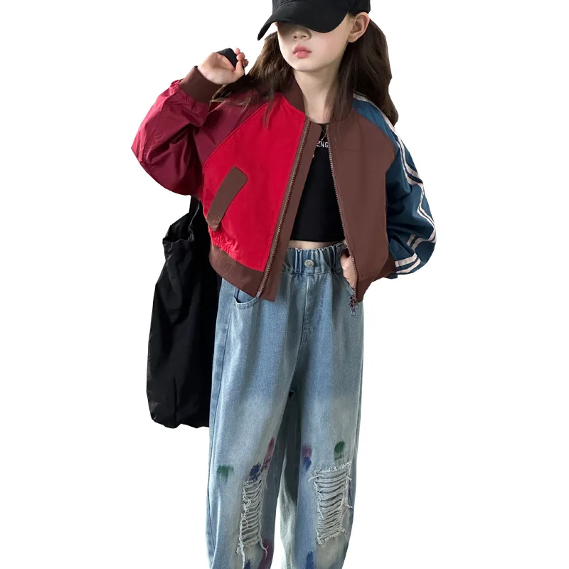 autumn fashion teenage Girls short jacket color blocked coat 2024 junior kids baseball outfit overcoat 10 12 14 children clothes