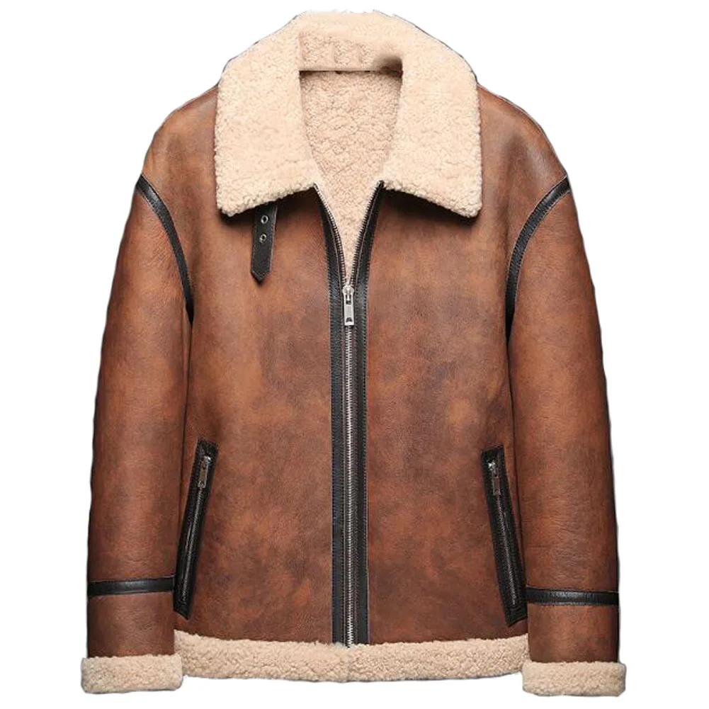 Denny&Dora Men Shearling Jacket Leather Coats B3 Bomber Jacket Brown Leather Jacket