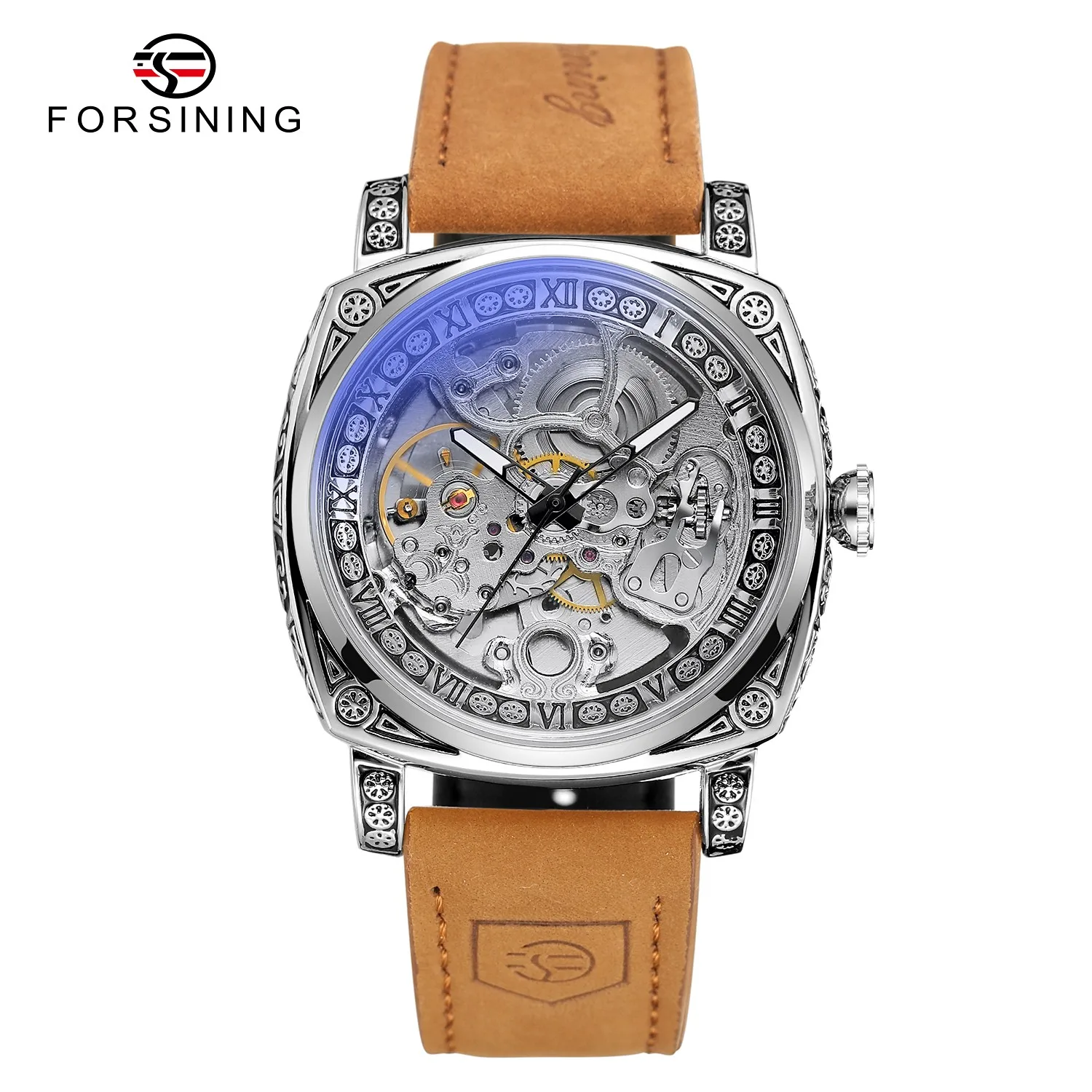 

Forsining Luxury Brand Men Watch Vintage Leather Strap Gold Mens Mechanical Arm Waterproof Automatic Skeleton Wristwatches Clock