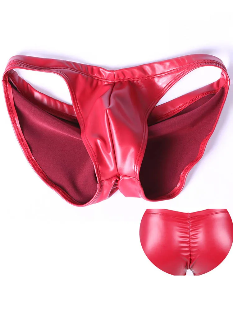 Oil Glossy Faux Latex Elastic PU Leather Mens Bikini Briefs Low Waist Convex Pouch Calzoncillos Jockstrap Tights Swimming Trunks