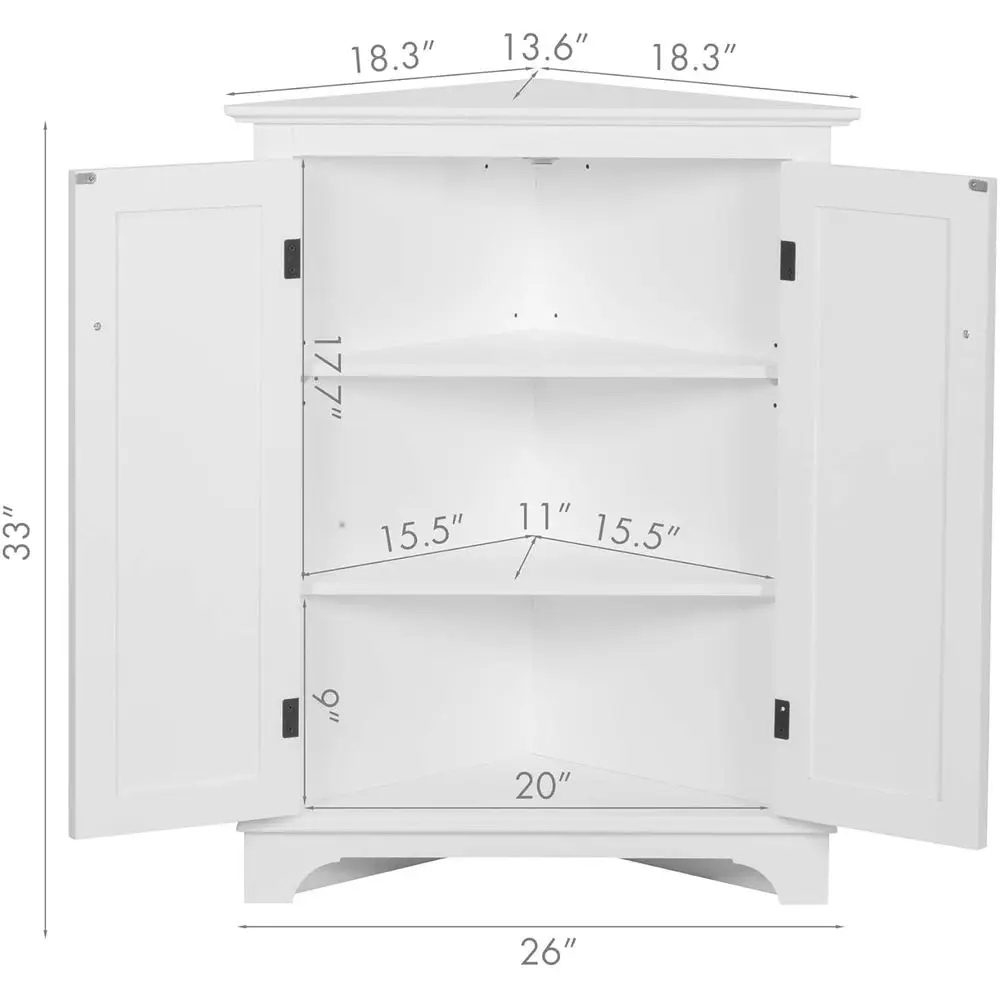خزانة زاوية بيضاء مع أبواب وأرفف لتخزين الحمام وغرفة المعيشة