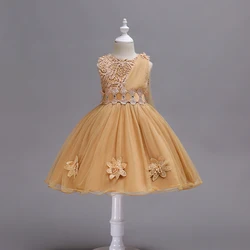 Summer Kids Wedding Dresses for Girls Ages 2 to 9 Medium and Large Kids Bow Mesh Skirt Girls Khaki Dress