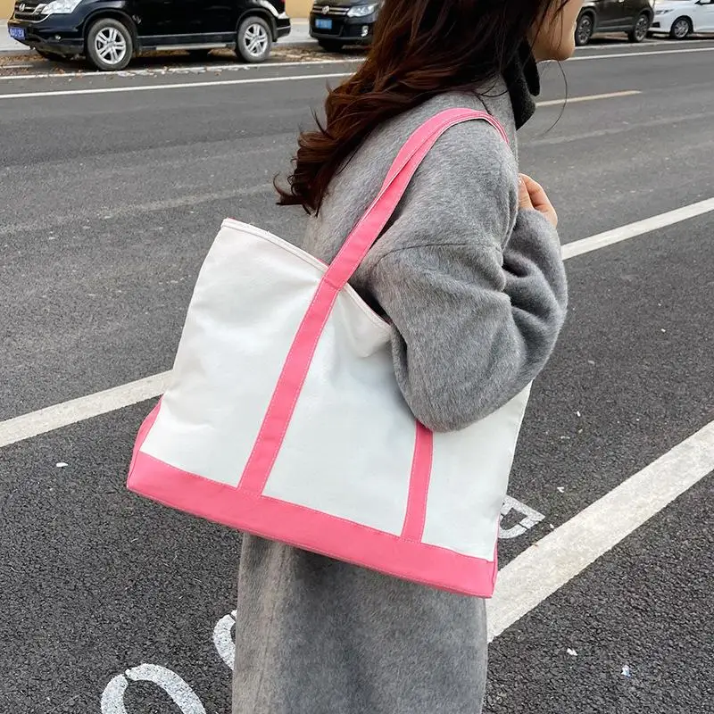 1 Stück Farbige Canvas-Tragetasche mit Verzierungen, Große Kapazität, Lässige Schulterhandtasche, Wiederverwendbare Einkaufstasche für Reisen und Outdoor-Aktivitäten – Detail 3