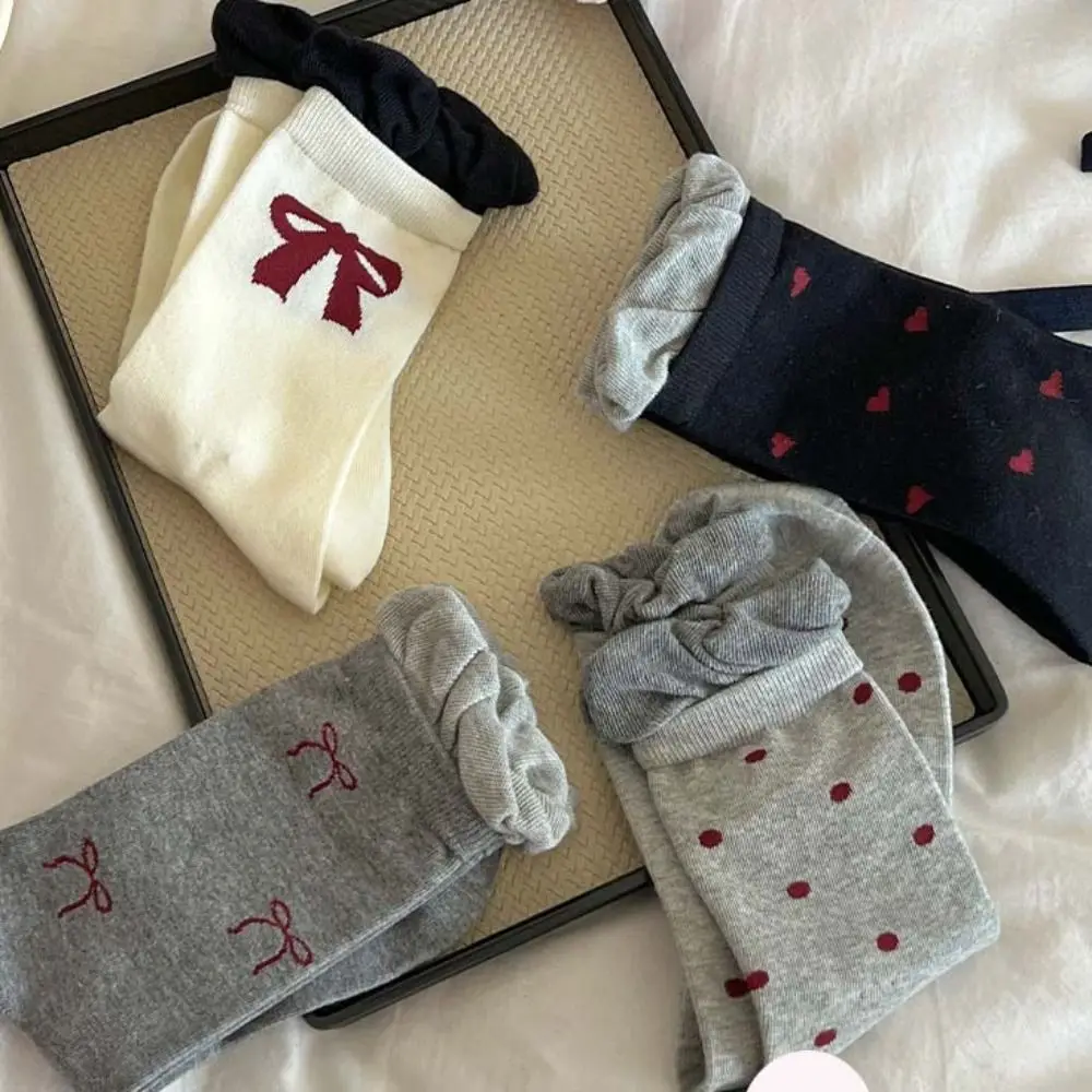 

2Pairs Casual Dot Bowknot Ruffle Socks Kawaii Anti-slip Sweet Tube Socks Hosiery Heart Socks Women Lady