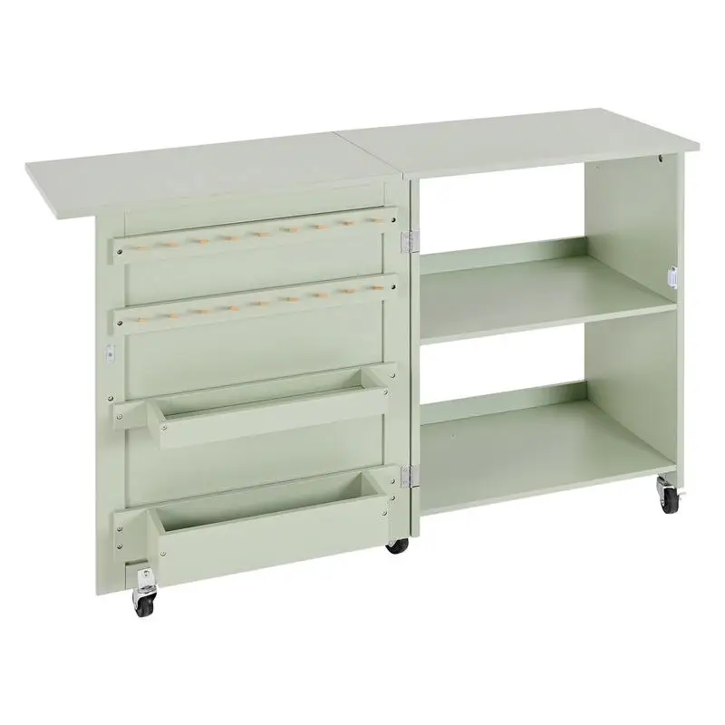 Folding Sewing Table, Multipurpose Sewing Machine Table with Compact Design, Wheels, Wooden Pegs, Storage Trays and Shelf, Magnetic Door Lock, Craft Station and Side Desk for Home, Light Green