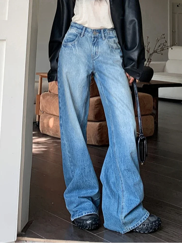 

Vintage Chic Washed Classic Full Length Female Wide Leg Pants Basic Solid Color Loose Simple Casual Fashion Straight Women Jeans