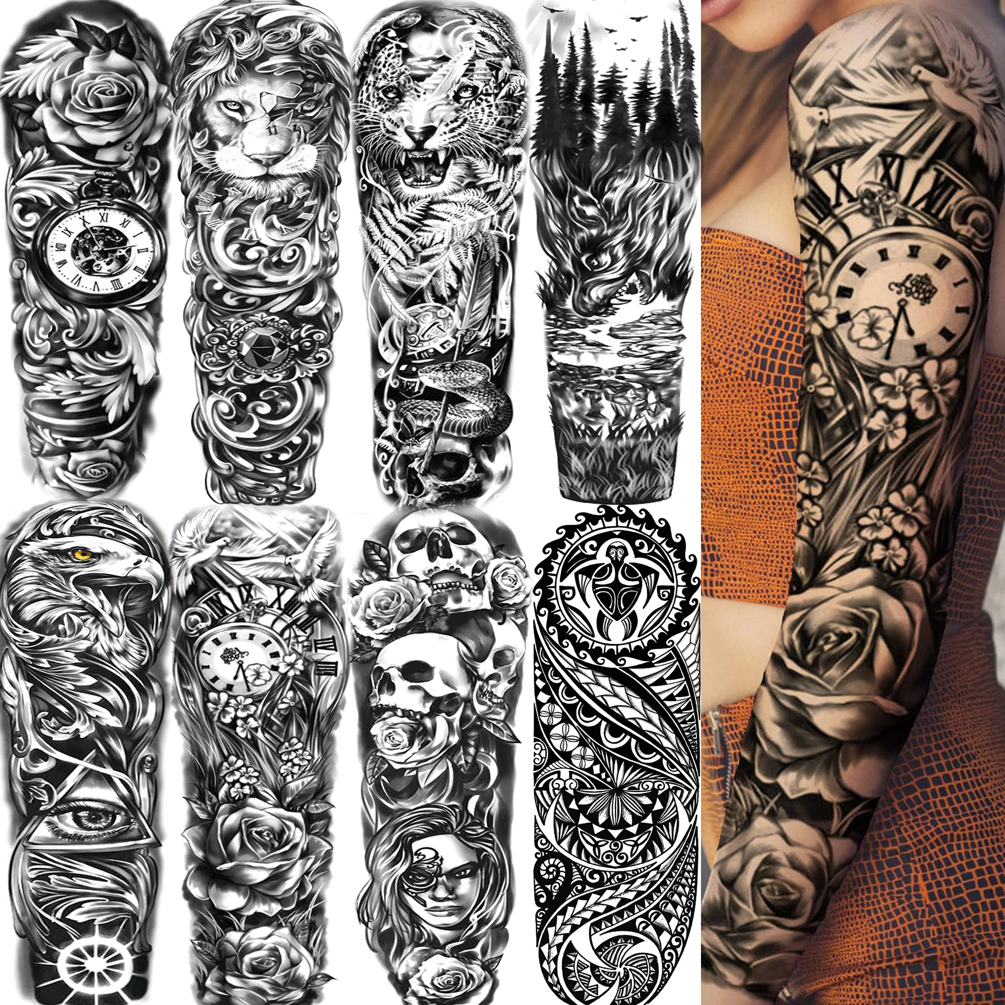 

1 Sheet Flower Compass Skeleton Lion Temporary Tattoos Full Sleeve For Women Men Adults Waterproof Body Arm Thigh Temp Tattoo