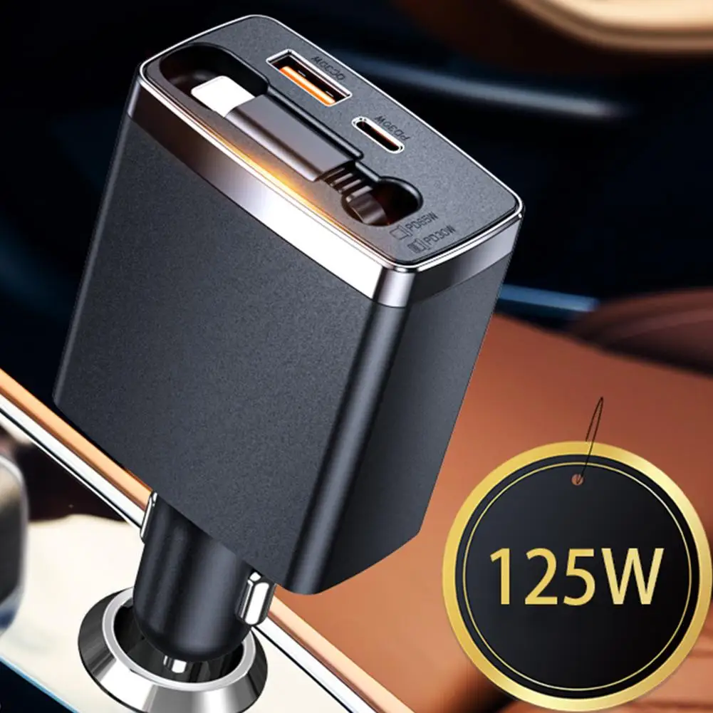 125W 3 IN 1 Retractable Car Charger USB Type C Cable For IPhone Fast Charging Cord Cigarette Lighter Adapter Car Accessories