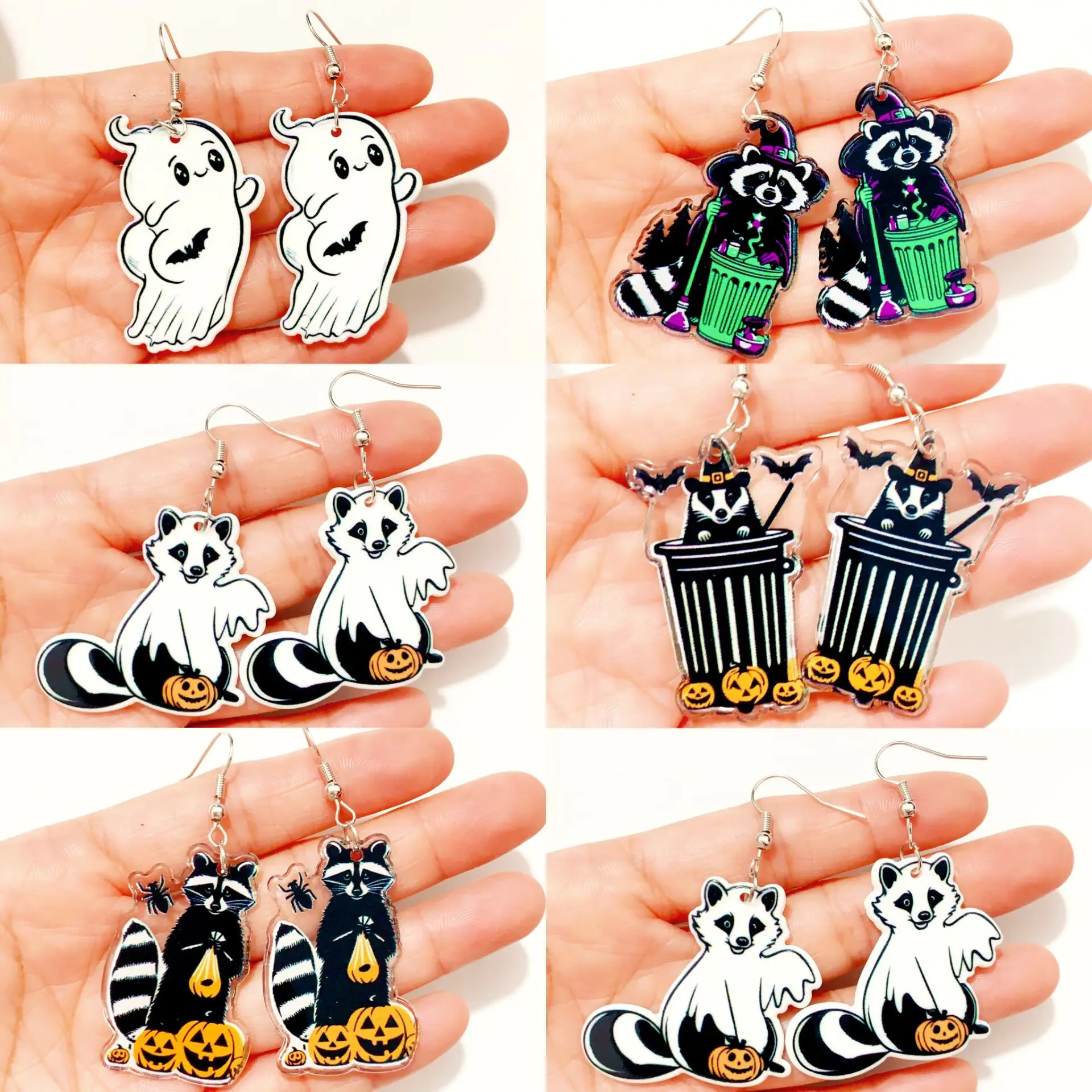 

1 Pair Acrylic Raccoon Pumpkin Earrings Witch Ghost Bat Trash Can Spider Earring for Women Ear Rings Halloween Day Party Gifts