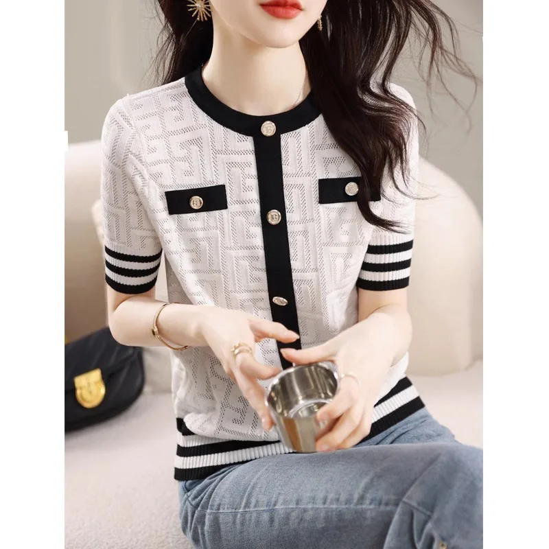

Summer New Sle Loose Fit ort Sve Knitted Top Women's Faion Color Blo Slimming Versatile T-irt Korean Version