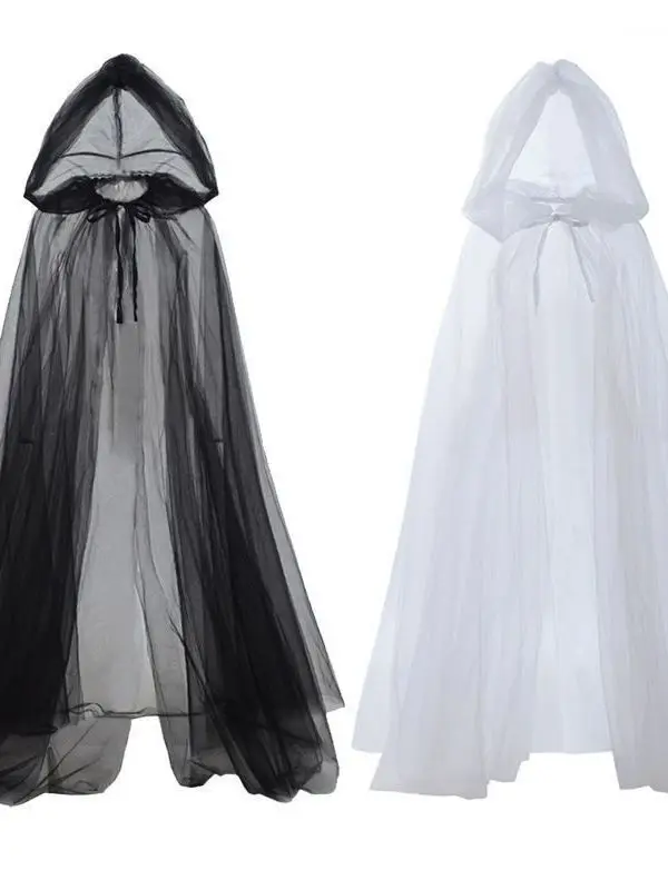 

Cool Halloween Witch Costume Black White Mesh Hooded Unisex Robe Dark Theme Belted Cape for Men Women Fashionable Ethnic Style