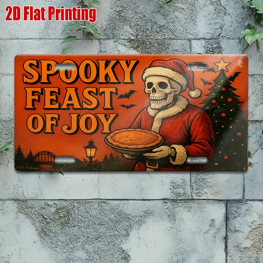 Metal License Plate - Spooky Feast of Joy Halloween Decoration with Santa,  Outdoor/Indoor Wall Plaque - Durable Aluminum Sign