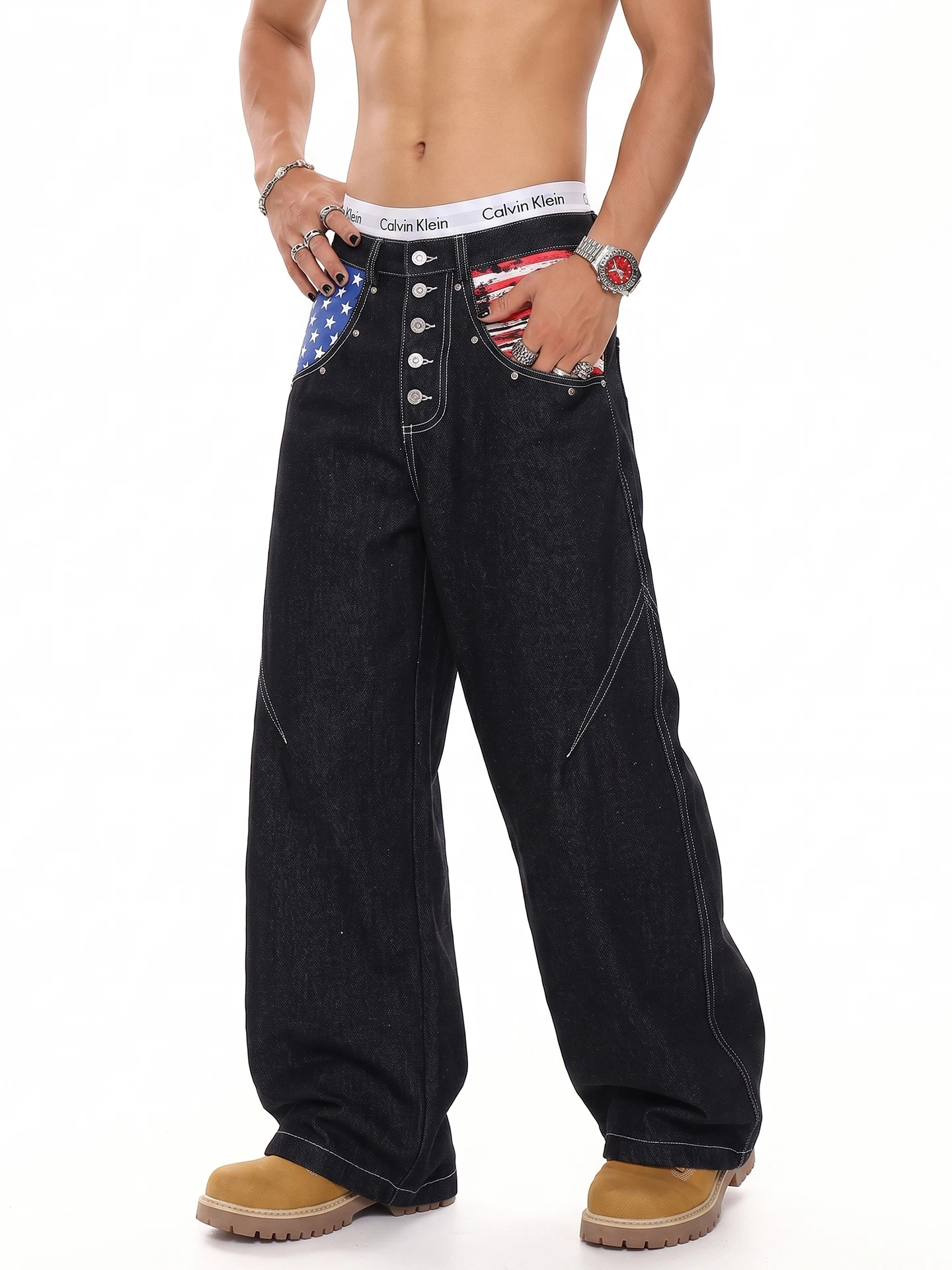American High Street Retro Original Jeans Flag Print Deconstructed Buttoning Subculture Wide Leg Denim Men's Long Pants