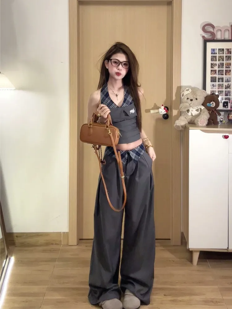 

American Style Spicy Girl Two-Piece Set Neck Hanging Strap Vest Slim Casual Pants Women's Summer New Fashion Ensemble