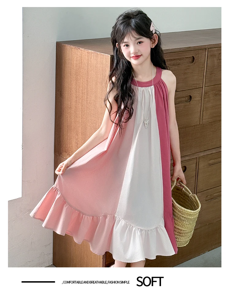 Mädchenkleid mit süßem Farbblock-Design für Sommerkostüme, Baumwolle, hohe Qualität, Kinderkleidung für Alter 7 8 9 10 12 14 Jahre – Detail 13
