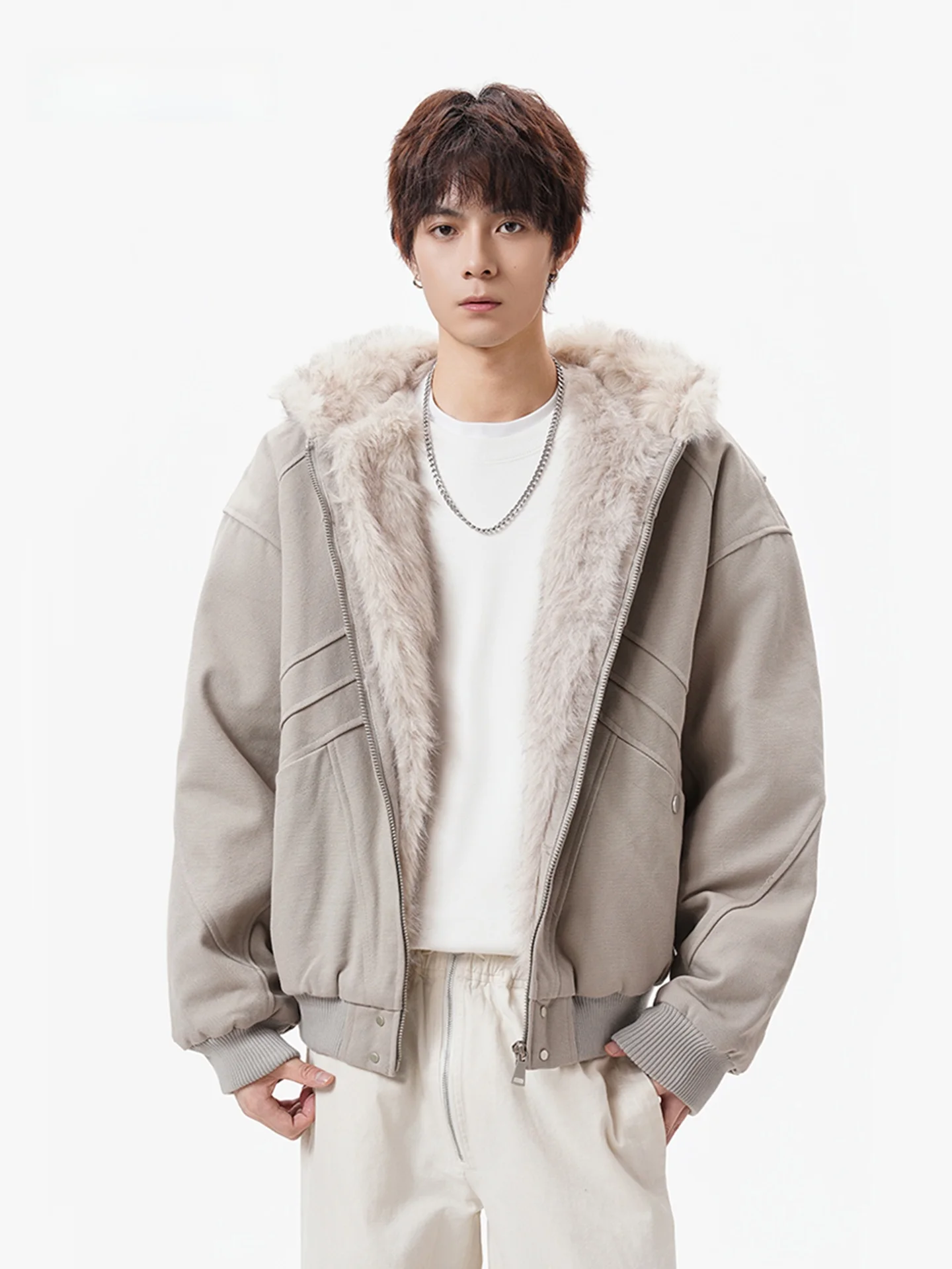 

American Sle Boxy Mountain Eagle Pure Deconstructed Hooded Cotton Jaet Men Winter Cool Faux Rabbit Fur Lined Warm Coat