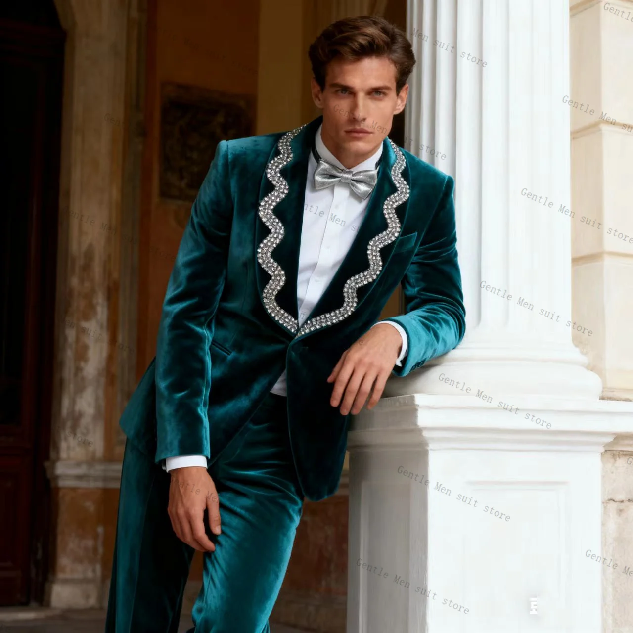 

Velvet Men Suit Set 2 Pcs Blazer+Pants Trousers Crystals Groom Wedding Tuxedo Formal Office Business Jacket Coat Customized