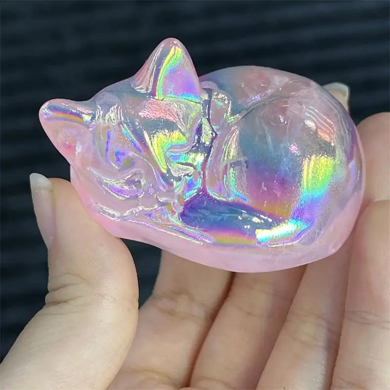 Natural Aura Rose Quartz Sleeping Cat Carving Handmade Polished Animal Powerful Statue For Home Decoration Lucky Gift 1PCS