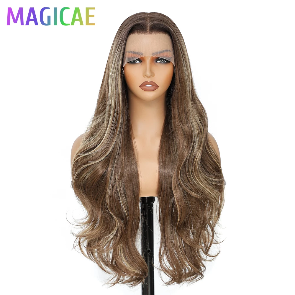 

Magicae 13X4 Объемная волна Кружевные фронтальные парики 30 дюймов Ombre Коричневый Блондин 613 # Био синтетические термостойкие прозрачные фронтальные парики
