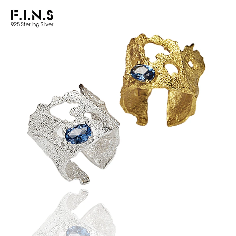 F.I.N.S Luxury S925 Sterling Silver Hollow Texture Ring INS Gem Blue Oval Zircon Wide Index Finger Cuff Ring Solid Silver Jewels