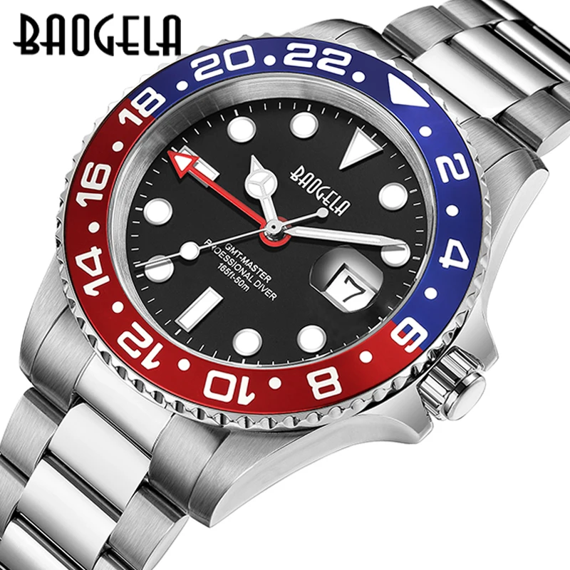 BAOGELA New Blue Red Water Ghost Watch Men\'s Watch 50 Meters Waterproof Stainless Steel Strap Swiss Movement Relogio Masculino