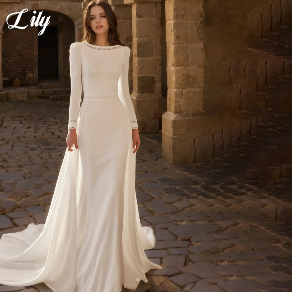 

Lily White O-Neck Prom Gown Long Sleeves Backless Prom Dress Trailing Wedding Party Evening Dresses robes de soirée Customized