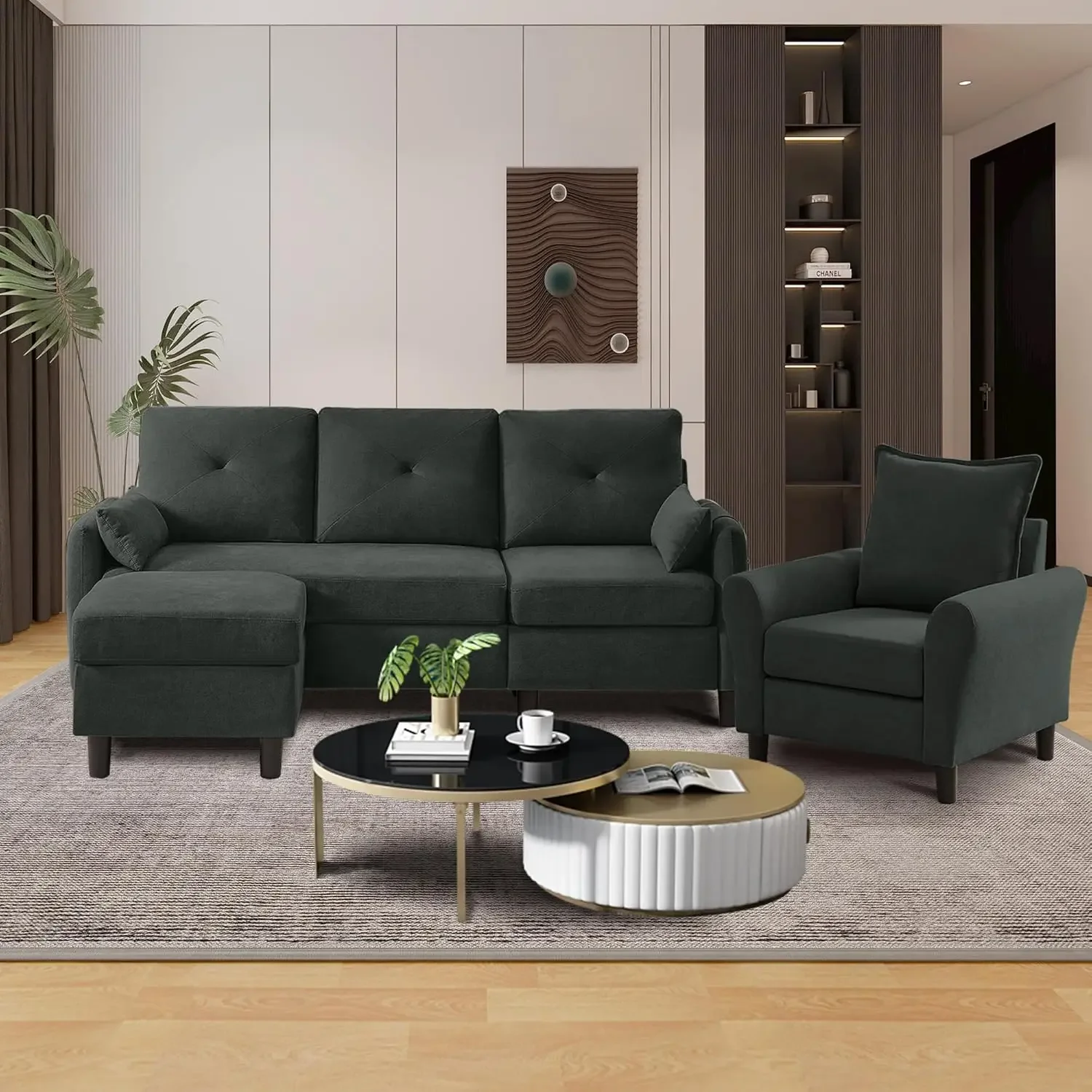 

Convertible Sectional Sofa Set for Living Room, L Shaped Couch w/ Ottoman Side Pocket Single Seat Accent Chair