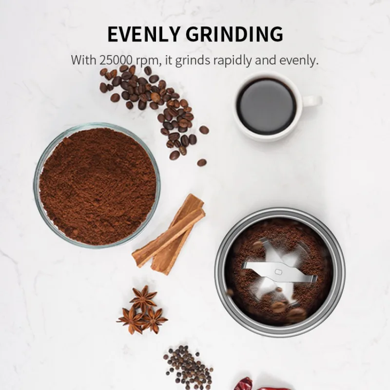 Noise 63 dB Capacity 70g Burr Grinder 150W Stainless Steel Blade Timing Knob and Self-Locking Switch Electric Coffee Grinder