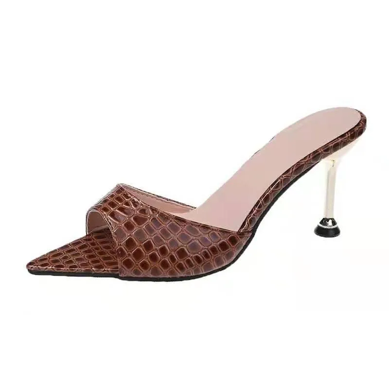 Glamorous Crocodile Texture High Heel Sandals - Chic Slip-On Stilettos with Pointy Peep Toe for Fashion-Forward Parties Banquets