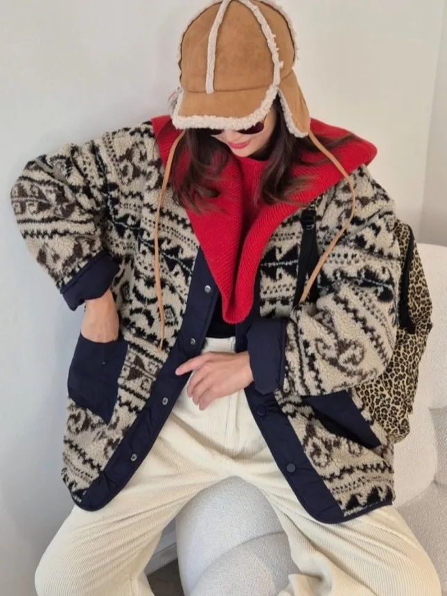 

Корейское ретро Fair Isle, двусторонняя одежда, теплая верхняя одежда из меха ягненка, женское свободное универсальное дизайнерское хлопковое пальто Sensation