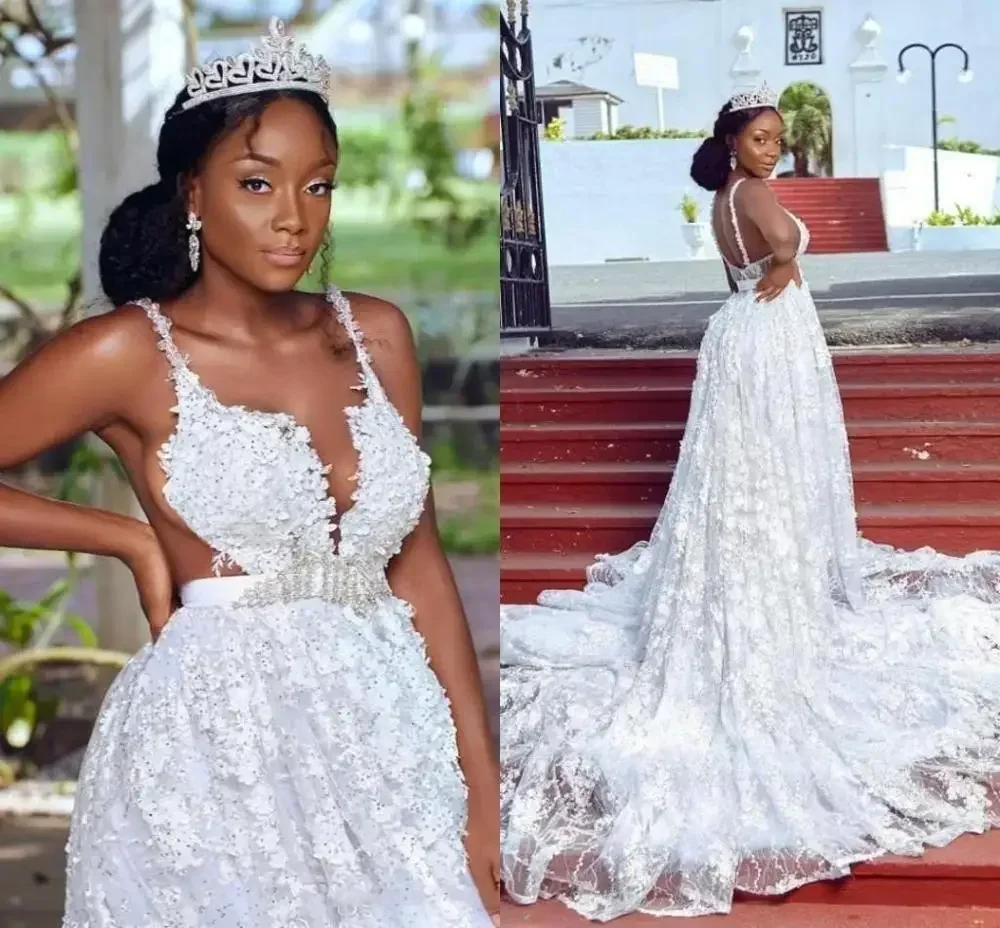 Robes de mariée de plage Spaghetti personnalisées dentelle africaine 3D ceinture en cristal florale balayage Train princesse jardin robes de mariée