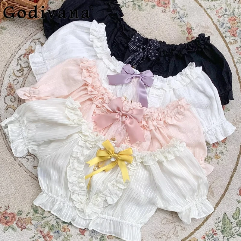 

Soft Girl Lolita Bottoming Shirt Summer New Girls' Sweet Cute Bow Bubble Sleeve Slash Neck Bottoming Super-Short Blouses Tops