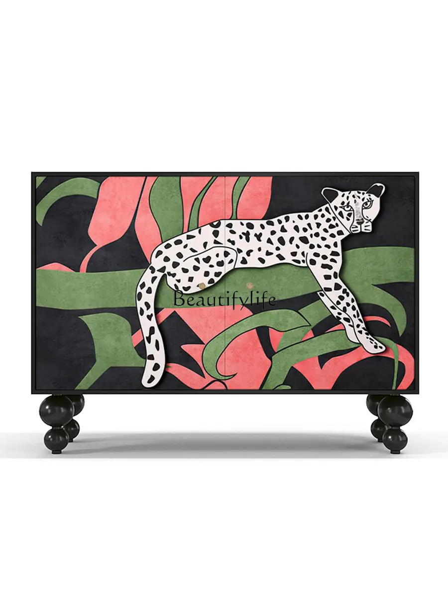 Storage Painted Jungle Beast Lacquer Painting Solid Wood Sideboard Decorative Locker