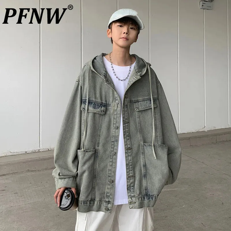 PFNW Korean Style Men's Denim Jackets Washed Worn-out Hooded Drawstring Single Breasted Male Solid Color Coats Stylish 12C1077