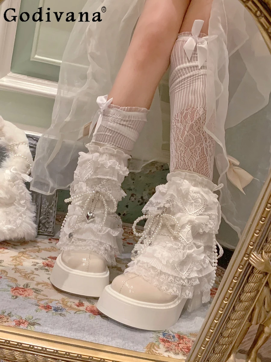 

Original Japanese Lolita Pearl Lace Trim Patent Leather White Short Boots Sweet Retro High Heel Thick Sole Women's Shoes