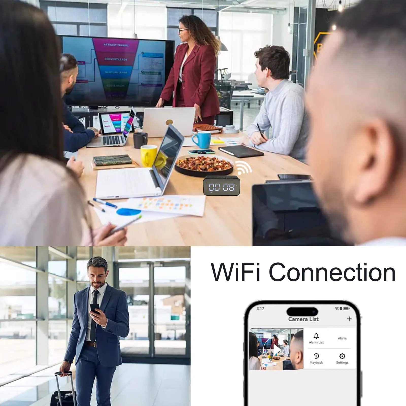 Smart Clock Camera with Temperature/Humidity Sensor, 4K WiFi, Motion Detection, Recording, Remote Viewing – Home Health Monitor