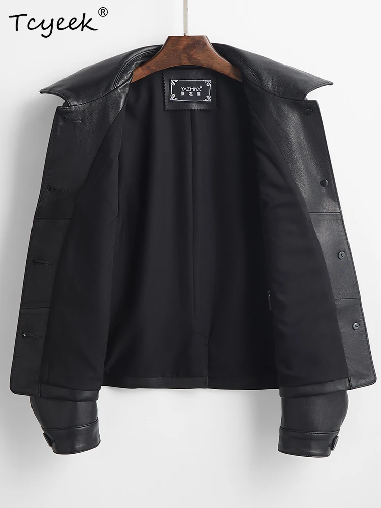 Tcyeek Giacca in vera pelle di pecora Plus Size Primavera Autunno Risvolto a maniche lunghe Nero Giacche corte Chaqueta Cuero Mujer