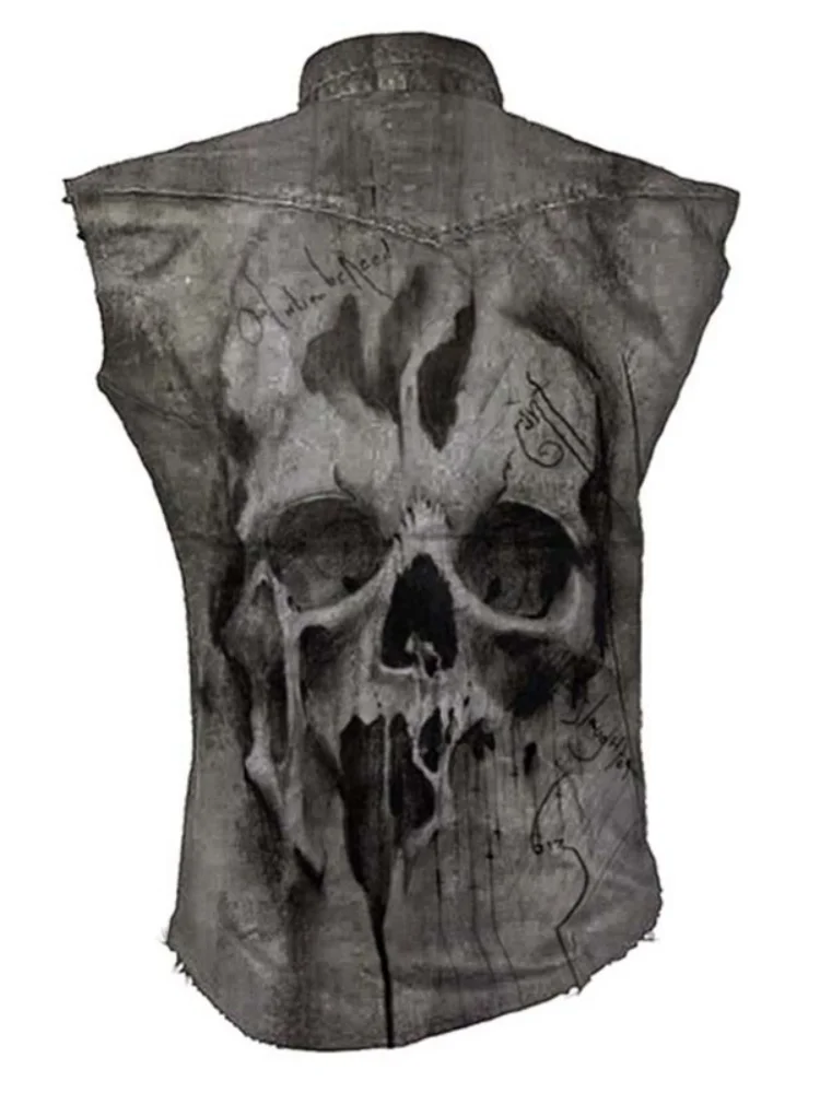 Men Distressed Sleeveless Denim Vest 3D Skull Print Punk Motorcycle Street Shirt