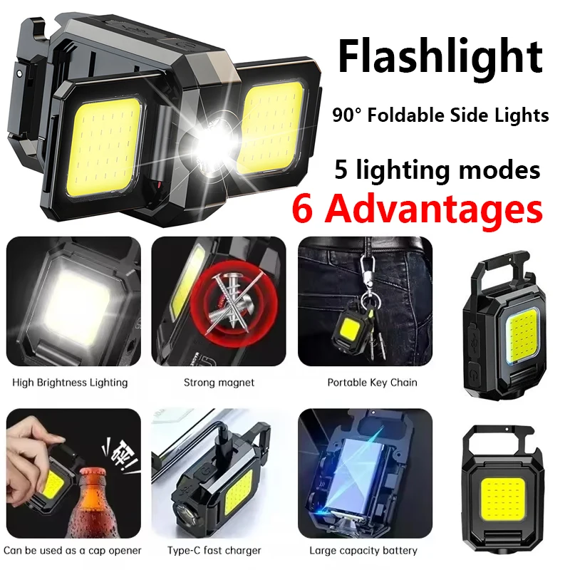 

Flashlight Mini Keychain Light COB Work Light USB Rechargeable Lamp with 90° Foldable Side Lights Super Bright Portable Lanterns
