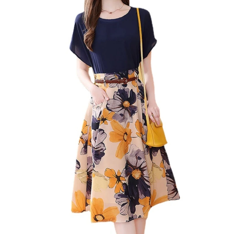 Retro Elegant 2 Piece Dress Set Women T-shirt Top + A-Line Floral Skirts Suit Two Piece Sets Office Lady Clothing Summer New2022