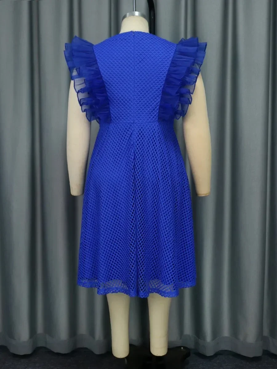 Vestidos de fiesta transparentes azules para mujer, cuello redondo, volantes, cintura alta, red de pescado, línea A, cóctel, noche de cumpleaños, vestido Midi 2024