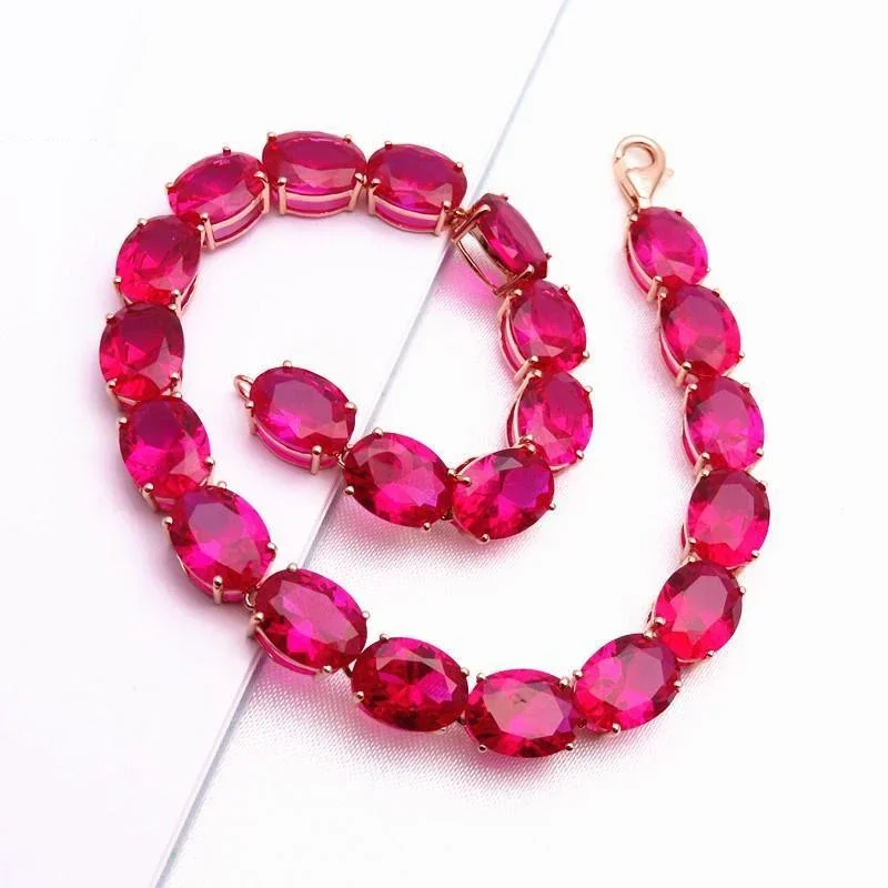Classic copper plated rose gold inlaid ruby bracelet for women luxury and simple engagement elliptic Beaded bangles jewelry