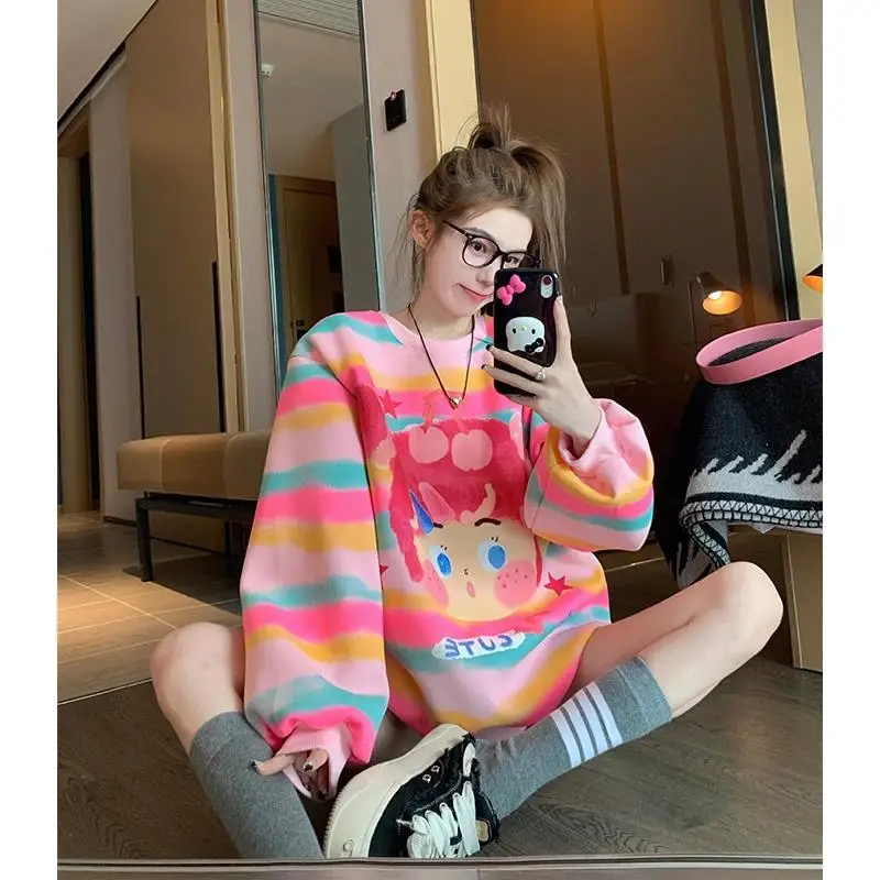 Pink Colors Striped Cute Cartoon Hoodie Sweatshirt for Girls Women Kawaii Y2K Top Korean Fashion Winter Long Sleeve Top Harajuku