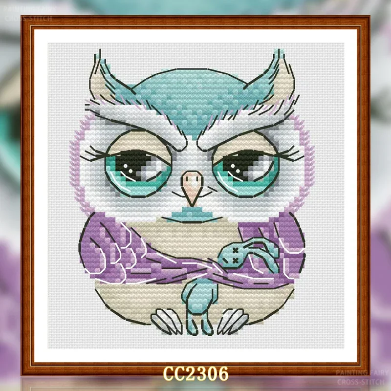 【CC2306- Cute Owl 2】Stamped Cross Stitch Kit for Adults and Kids, Easy Pre-Printed Canvas with Cotton Threads and Needles, Handm