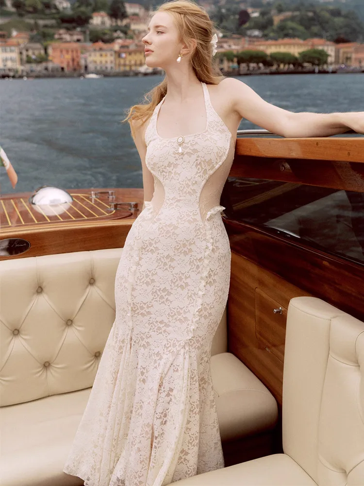80-102cm Bust Summer Holiday Dresses Women Vintage Elegant Slim Sexy Backless Halterneck Fishtail Lace Birthday Party Long Dress