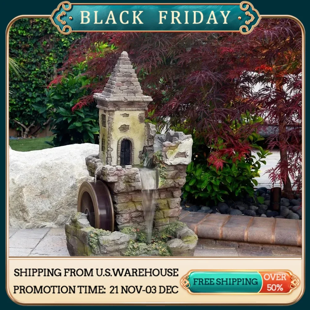 Outdoor floor layered fairy castle water wheel fountain with realistic stone appearance, brown, free shipping