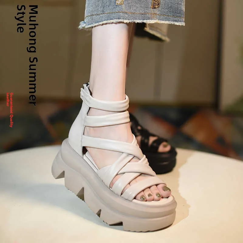 Thick Heel Roman Style Sandals Women's High Top Summer Platform Shoes Leather Upper Rubber Sole Comfortable Breathable