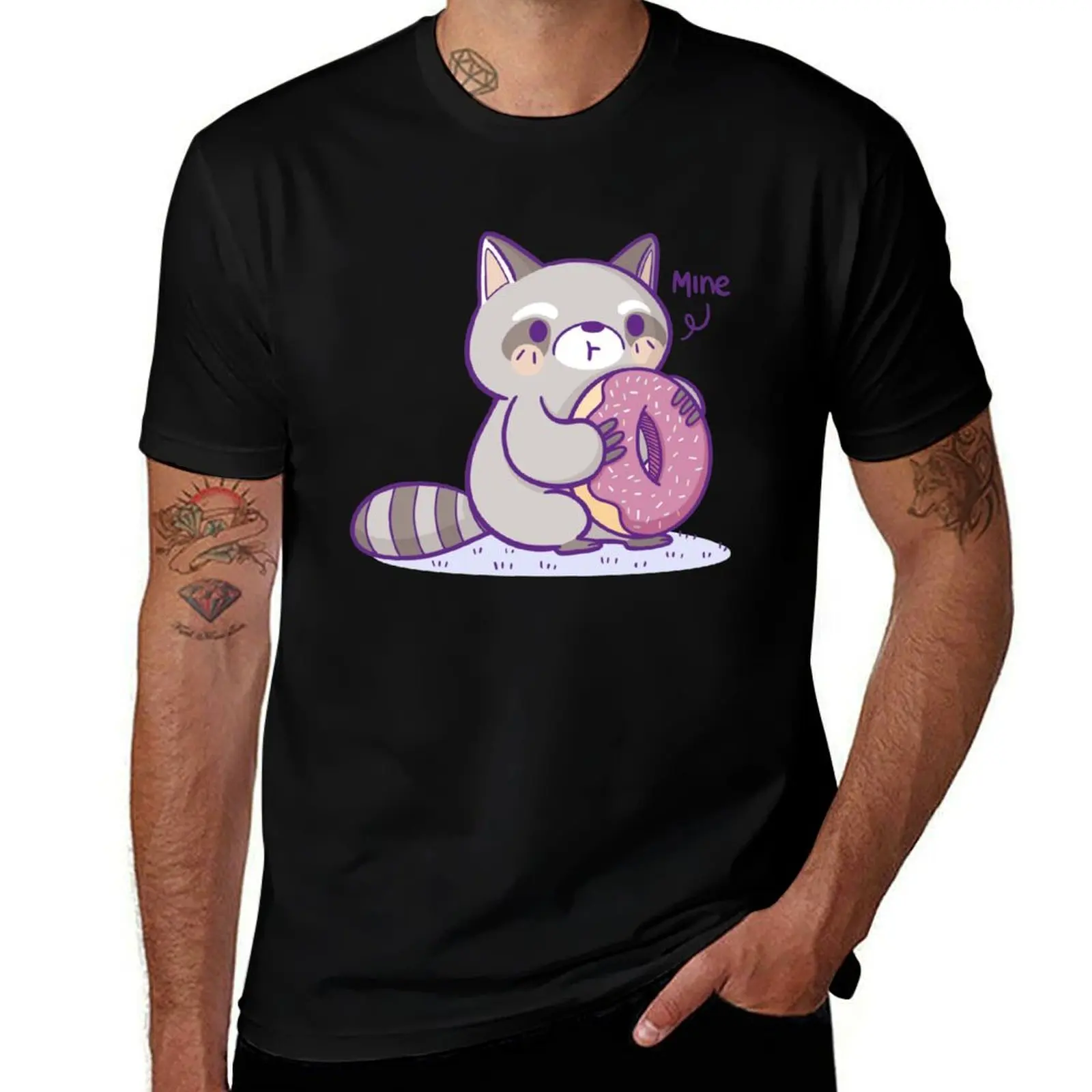

Raccoon With a Donut T-Shirt man graphic t shirt cotton tshirt 100% T-Shirt